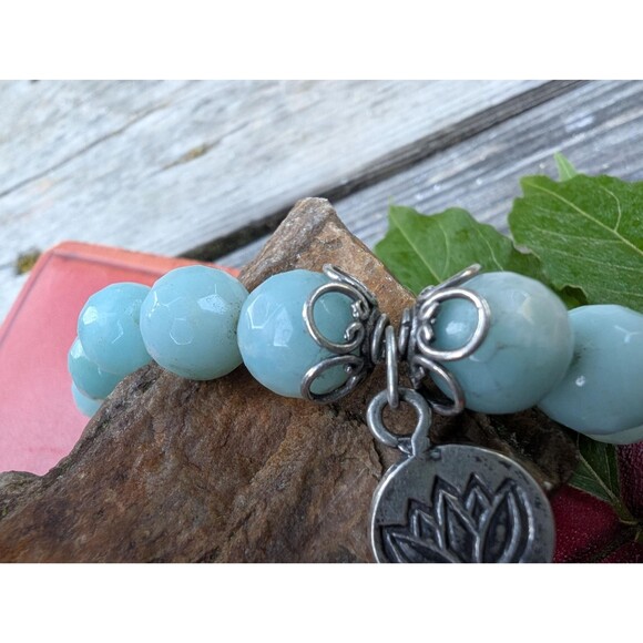 Vintage Sterling Amazonite Bead Bracelet, Lotus Zen Bracelet - Picture 4 of 10
